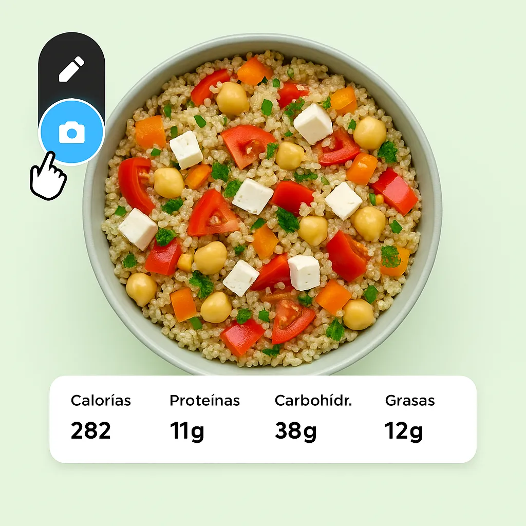 Interfaz de registro de comidas locales con captura de fotos